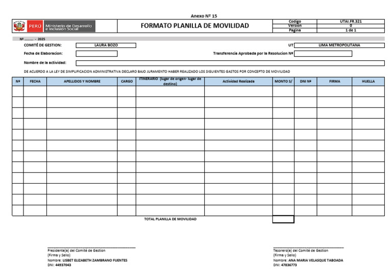 Planilla de Gastos de Movilidad 2025 | PDF
