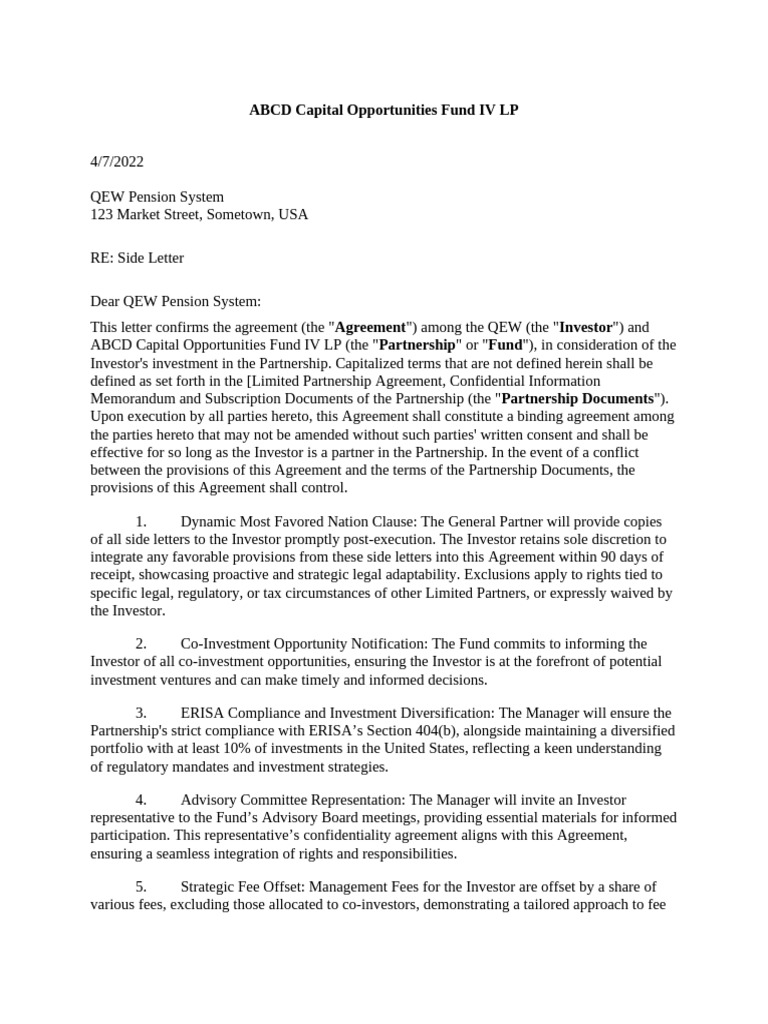 QEW Pension Fund Side Letter Agreement | PDF | Partnership | Insurance