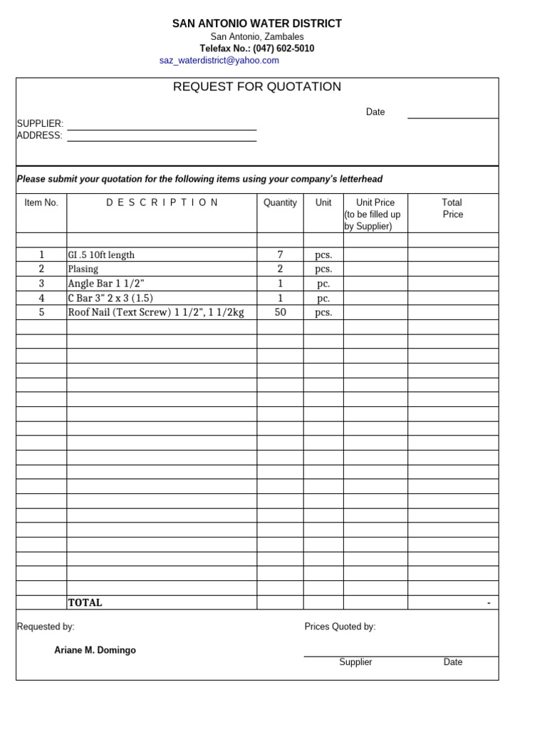 San Antonio Water District Quotation Request | PDF