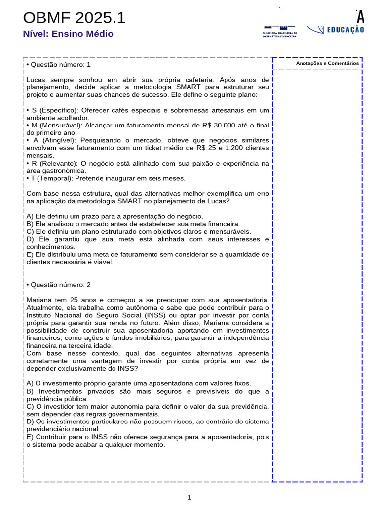 Prova OBMF 2025.1 - Nível Médio | PDF | Impostos | Inflação