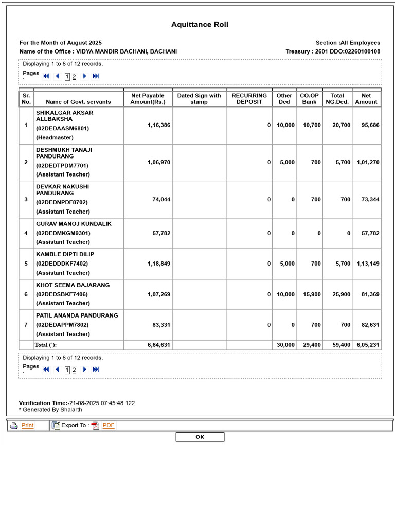 Aquittance Roll for August 2025 | PDF