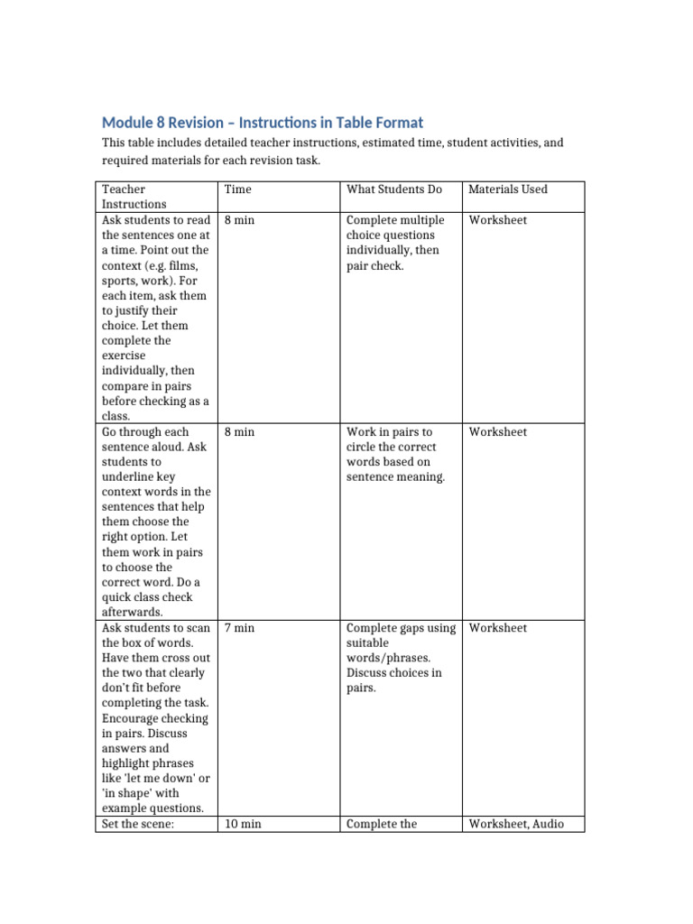 Module 8 Revision Lesson Instructions Table | PDF | Grammar | Learning