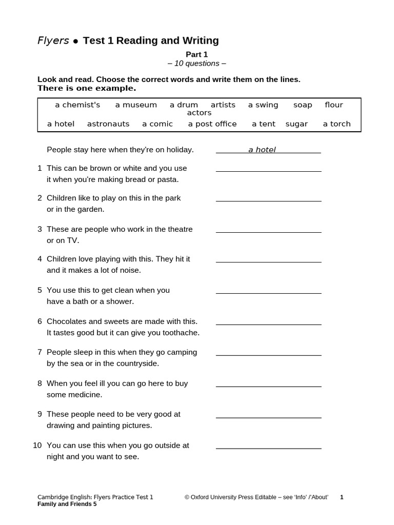Flyers Test 1: Reading & Writing | PDF