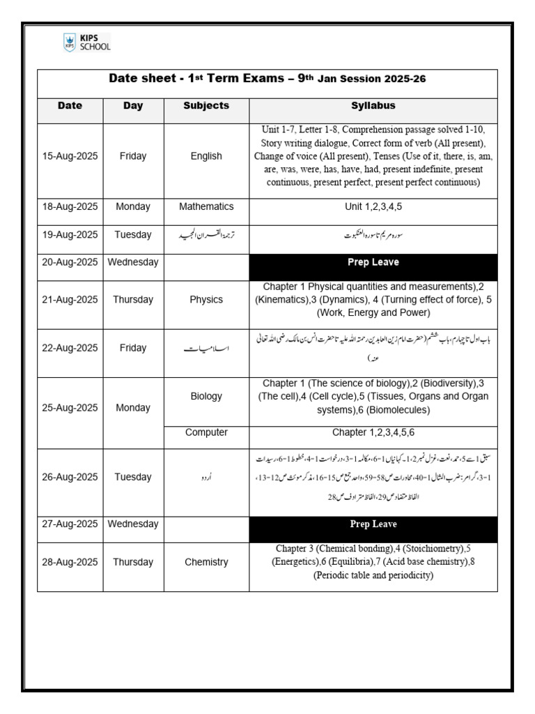 1st Term Exam Schedule 2025-26 | PDF | Physical Sciences | Chemistry
