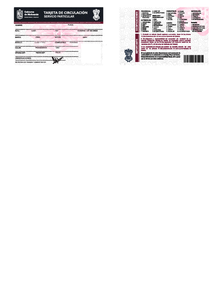 Tarjeta de Circulación Michoacán 2025 | PDF