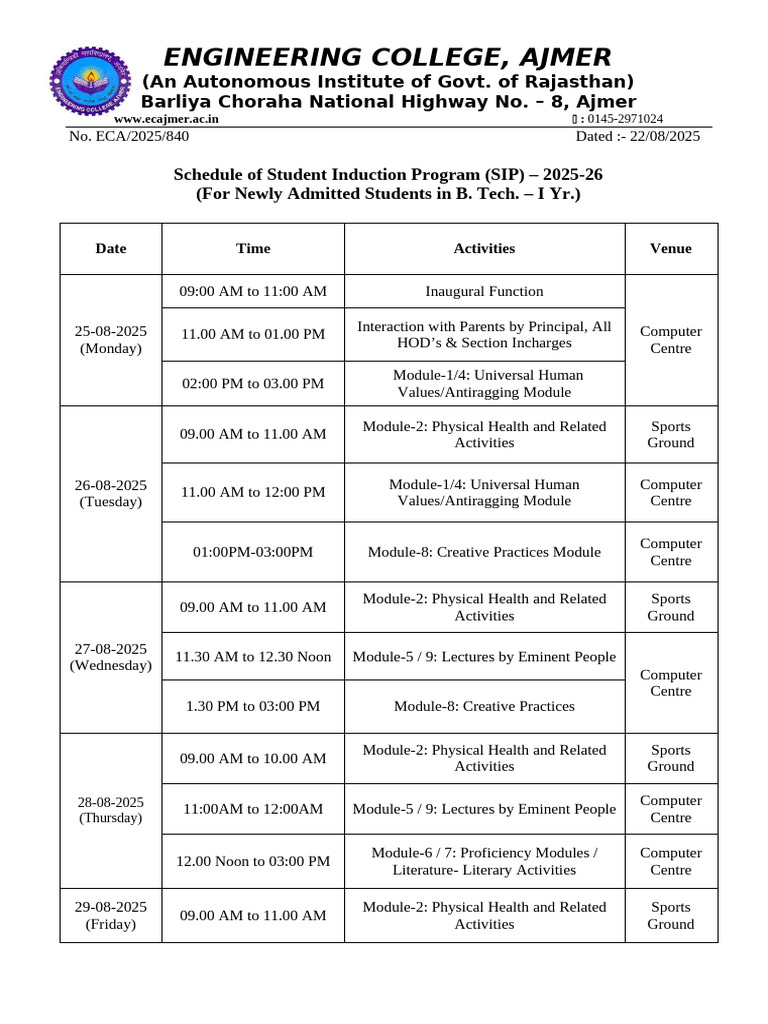 22 08 25 Student Induction Program 25-26-4MYDw1 | PDF