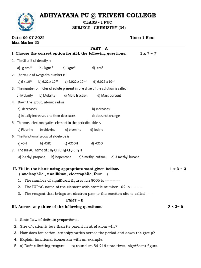 2025 1st PUC Chemistry Question Paper | PDF | Chemical Compounds ...