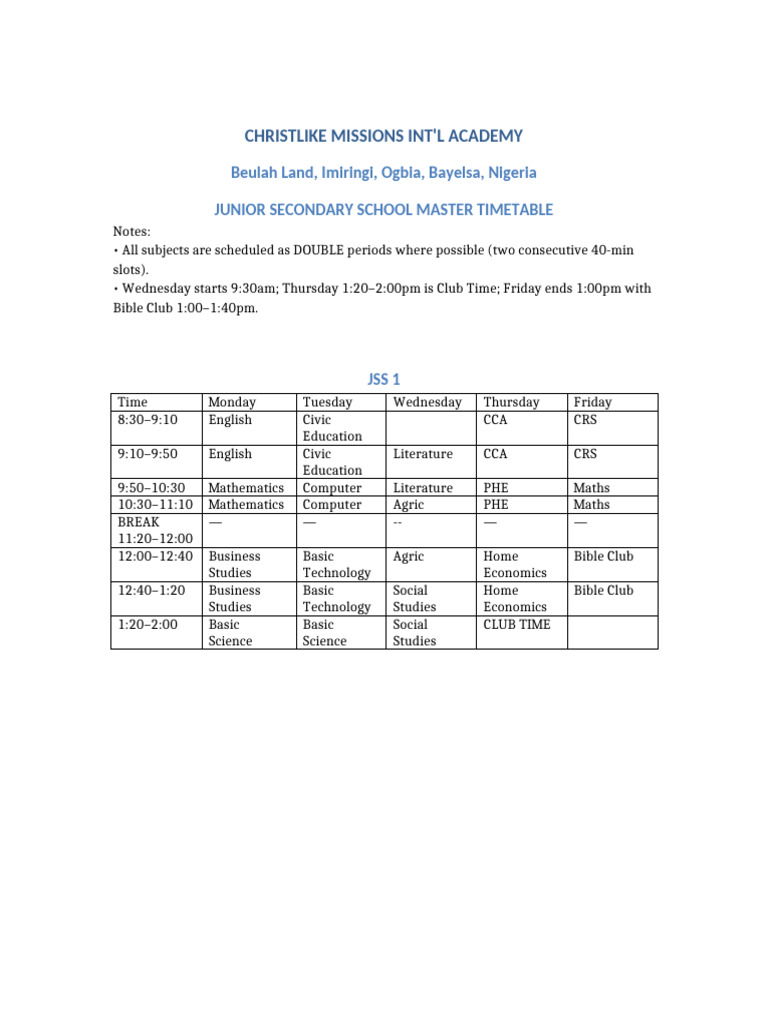 Junior Secondary School Timetable | PDF | Science
