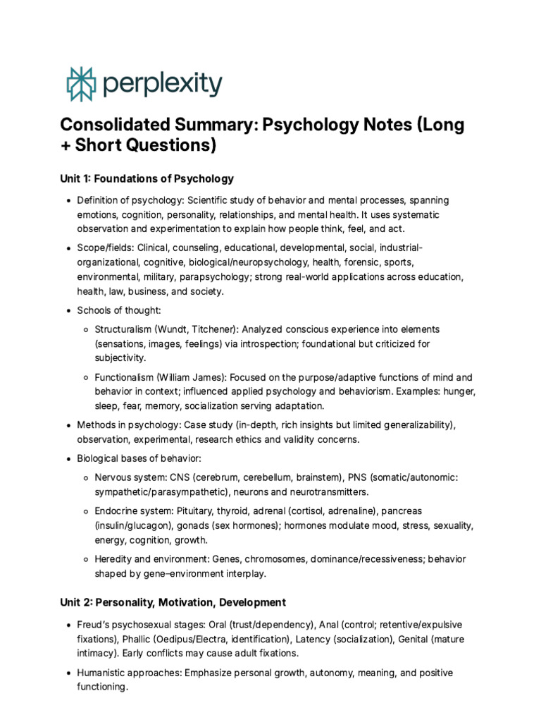 Psychology Notes: Key Concepts & Questions | PDF | Psychology ...