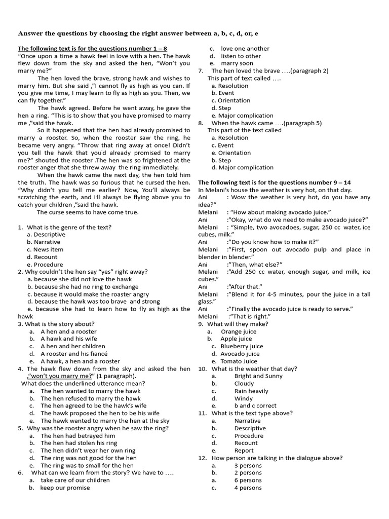 Hawk, Hen, and Rooster Story Quiz | PDF