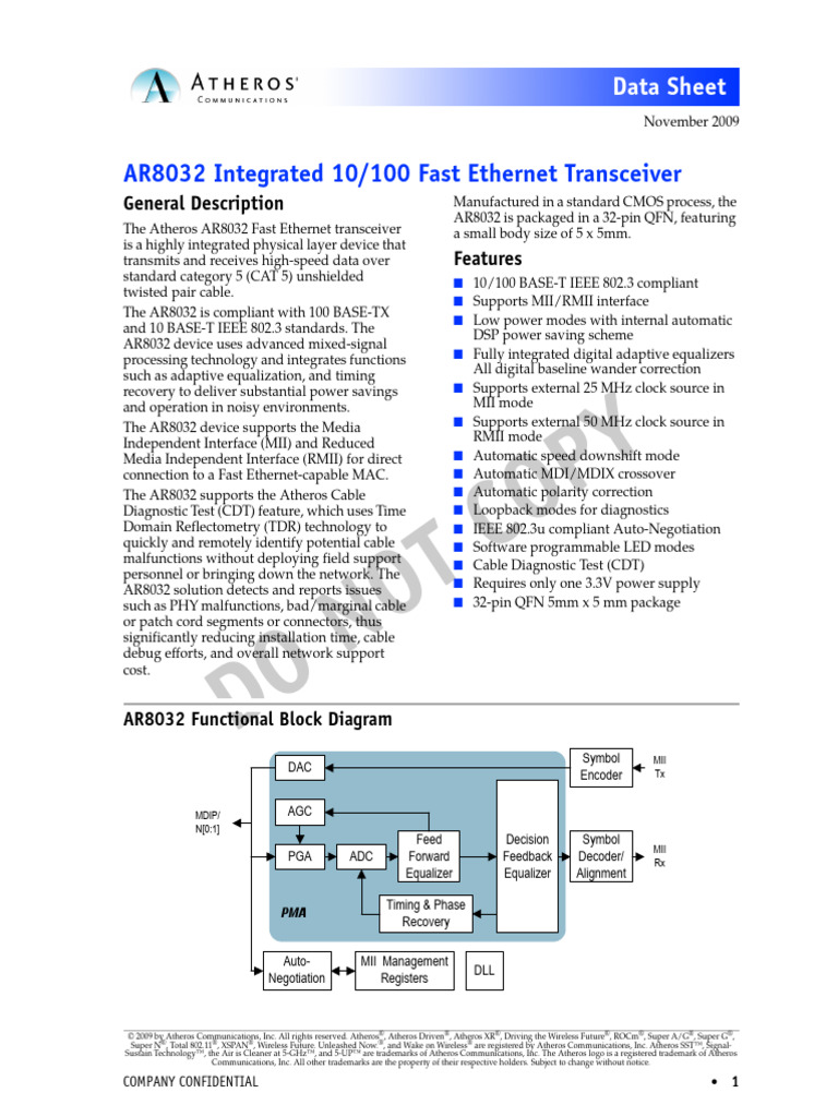 AR8032 Fast Ethernet Transceiver Overview | PDF | Electrical ...