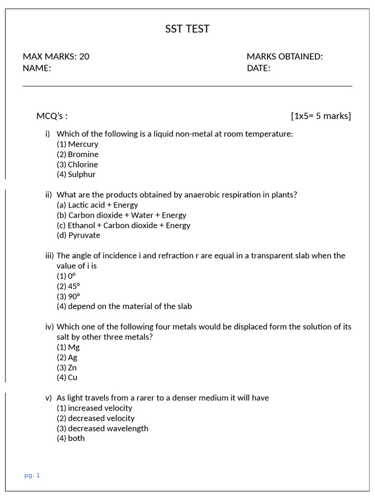 SST Test: MCQs and Short Answers | PDF