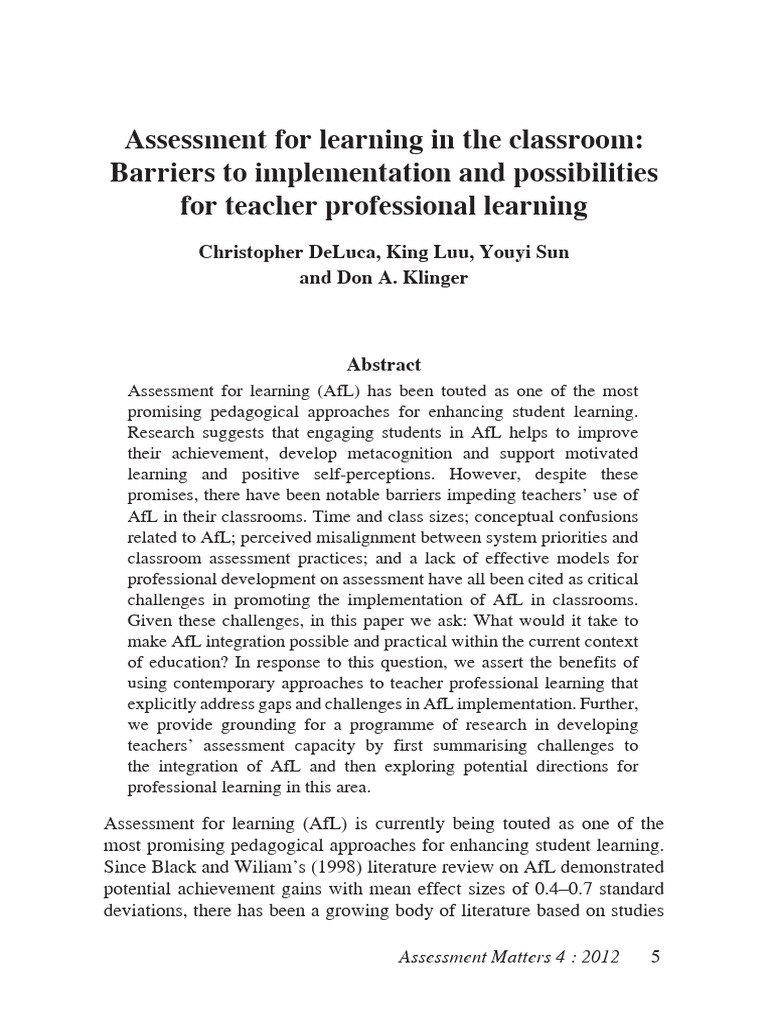 Barriers to Assessment for Learning | PDF | Teachers | Learning