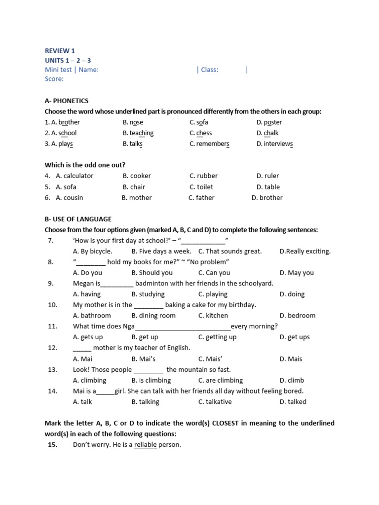 English Test for Class 3 Students | PDF