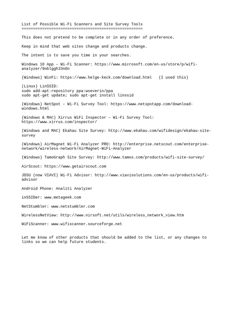 Wi-Fi Scanners and Survey Tools List | PDF