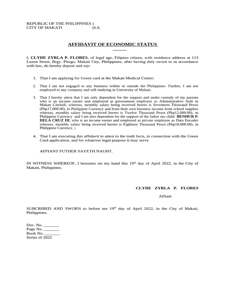 Affidavit of Economic Status for Green Card | PDF