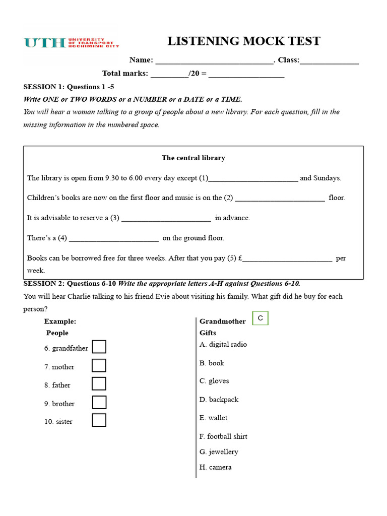 Listening Mock Test for Library and Gifts | PDF