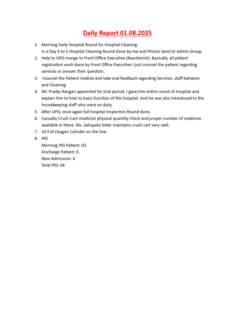 Daily Hospital Operations Report 01.08.2025 | PDF