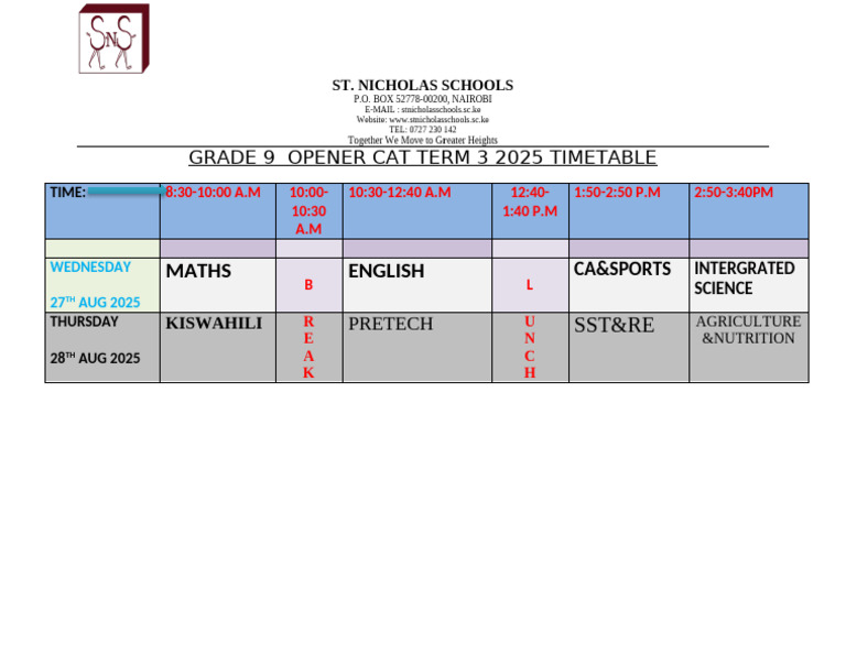 Grade 9 Term 3 Timetable 2025 | PDF