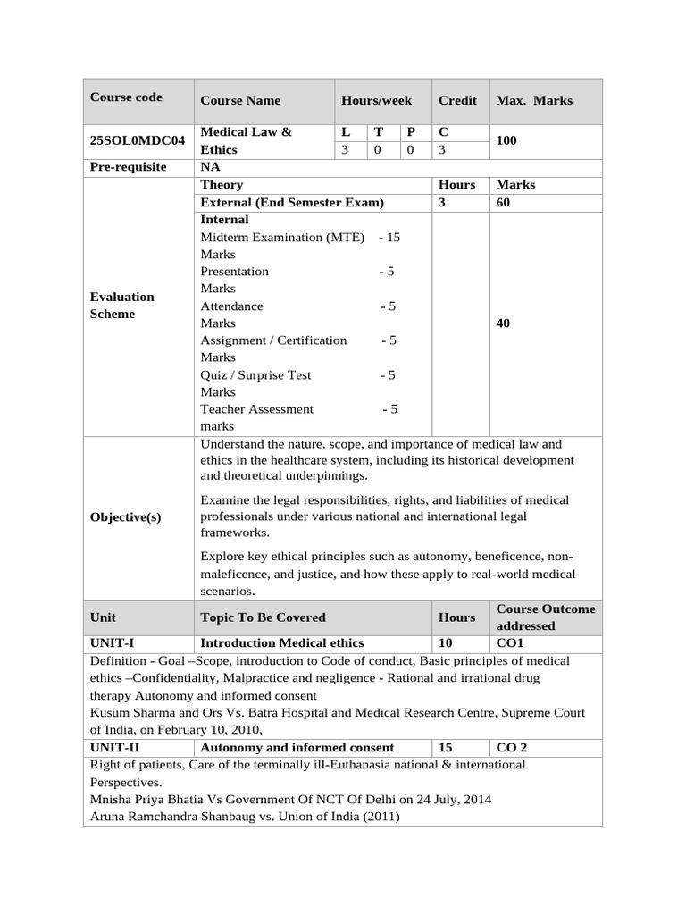 Medical Law & Ethics Course Overview | PDF | Informed Consent ...