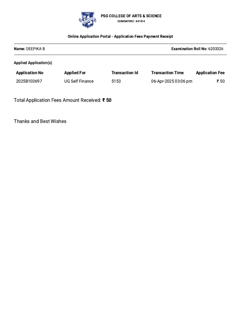 Total Application Fees Amount Received: 50: Application No Applied For ...