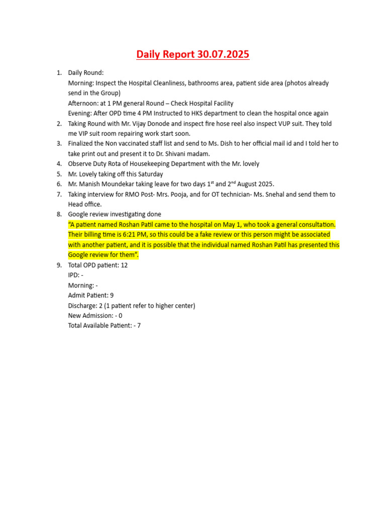 Daily Hospital Operations Report 30.07.2025 | PDF