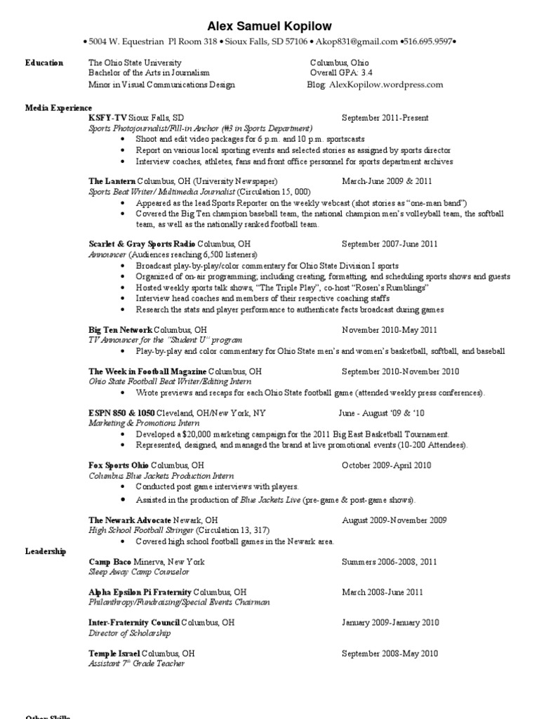 Alex Kopilow's Resume | PDF | Ohio State University | Sports