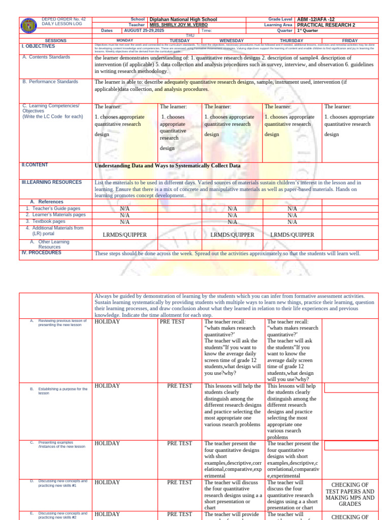Daily Lesson Log for Practical Research 2 | PDF | Learning | Teachers