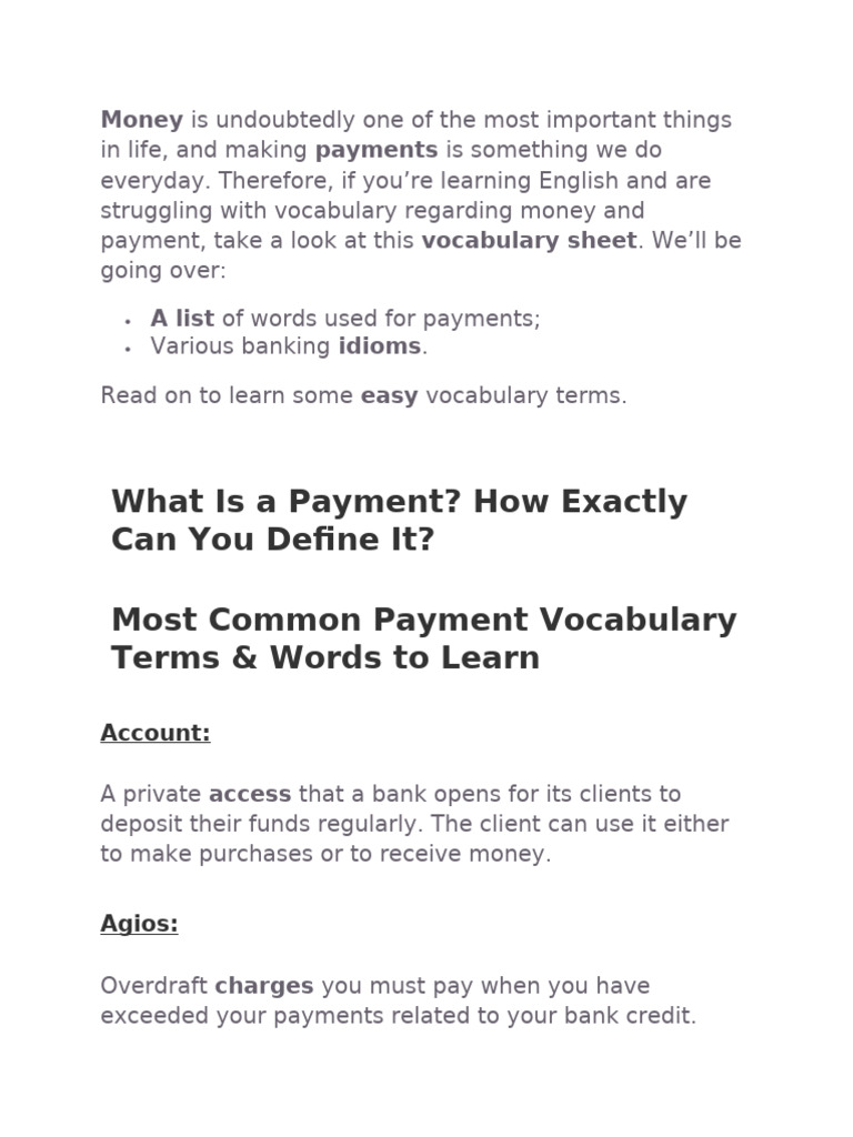 Essential Payment Vocabulary Guide | PDF | Payments | Debit Card