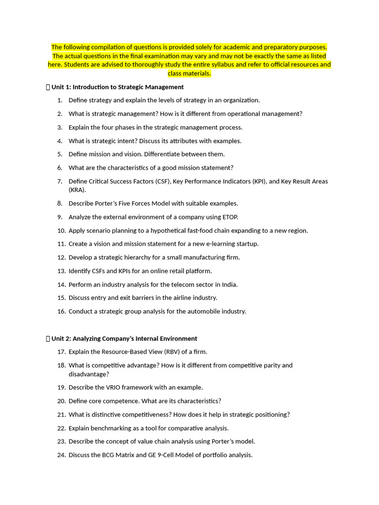 Question Bank Corporate Strategy | PDF | Strategic Management ...