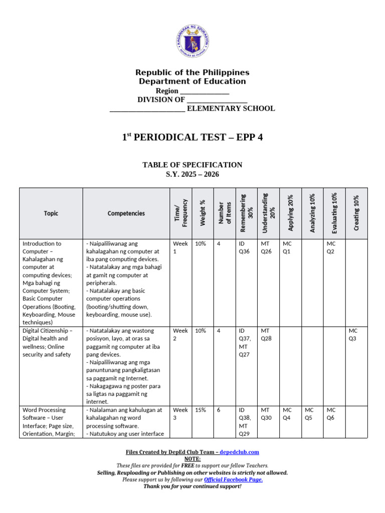 DTC - PT - Epp 4 - q1 Matatag Tos Key | PDF