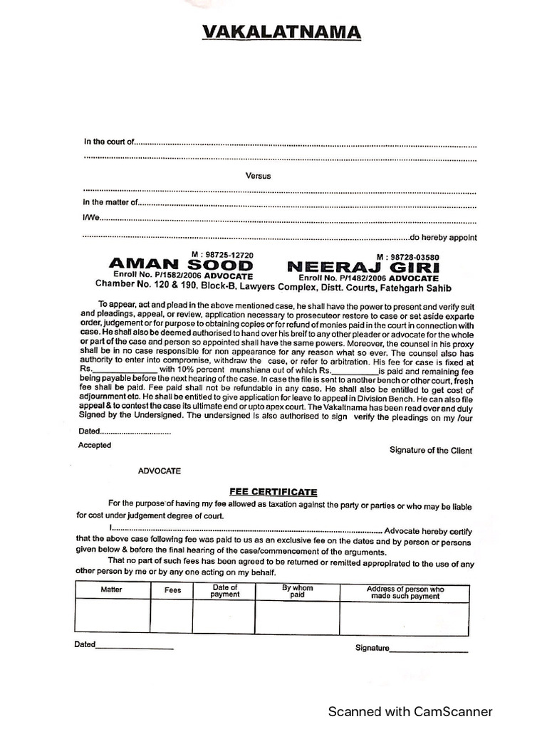 Vakaltnama Aman Sood Adv | PDF
