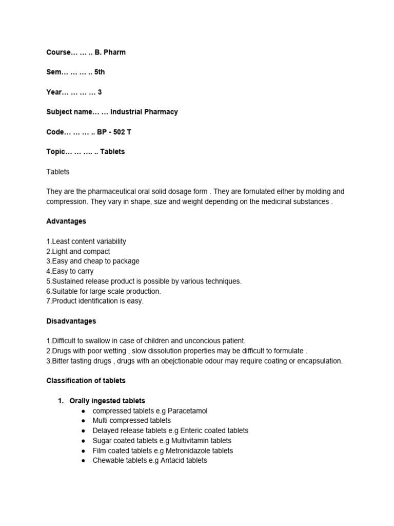 Industrial Pharmacy: Tablet Formulation | PDF | Tablet (Pharmacy)