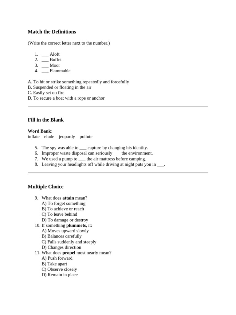 Vocabulary Matching and Fill-in Activities | PDF
