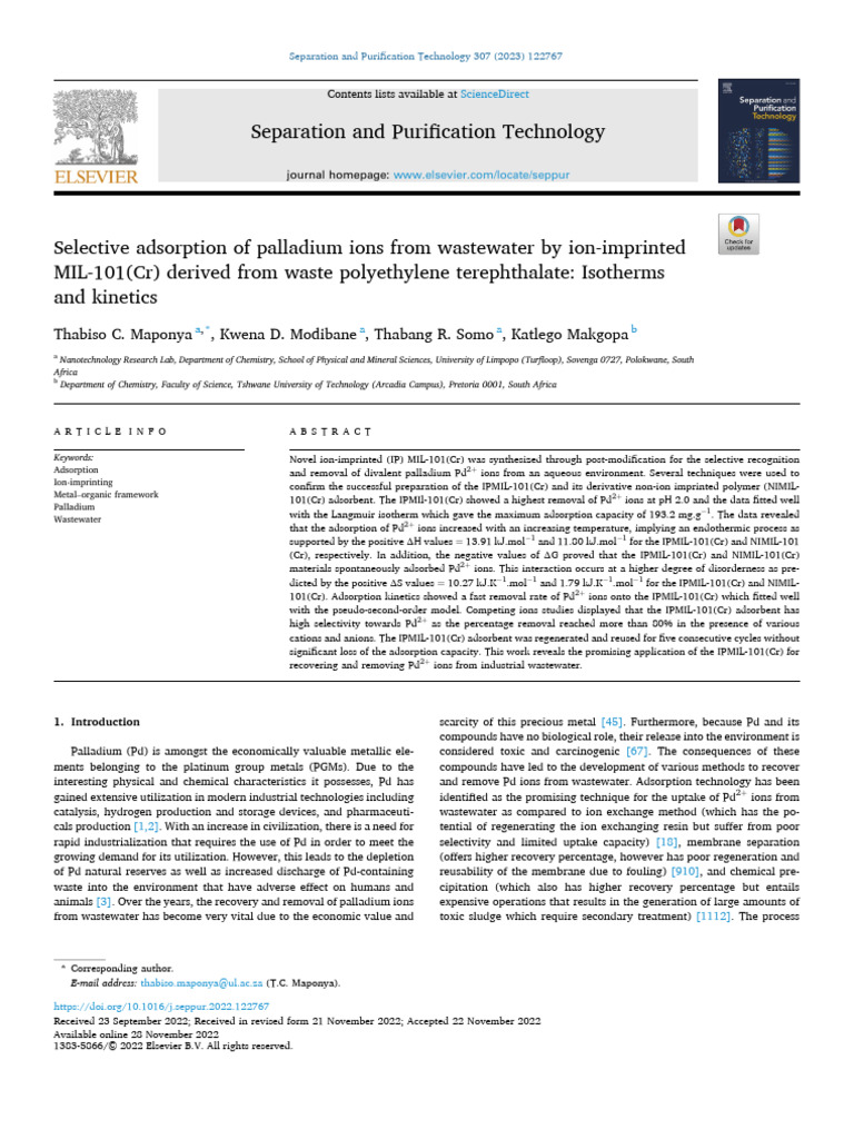 Selective Palladium Adsorption from Wastewater | PDF | Adsorption ...