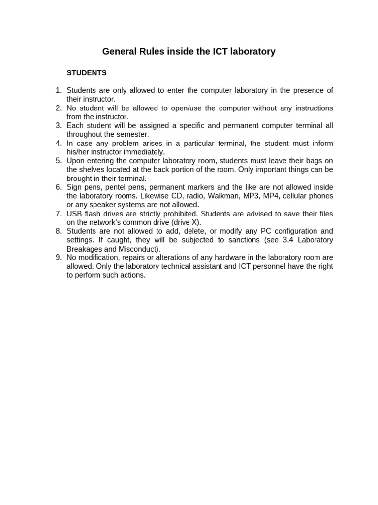 ICT Laboratory Rules for Students | PDF | Computer File | Usb Flash Drive