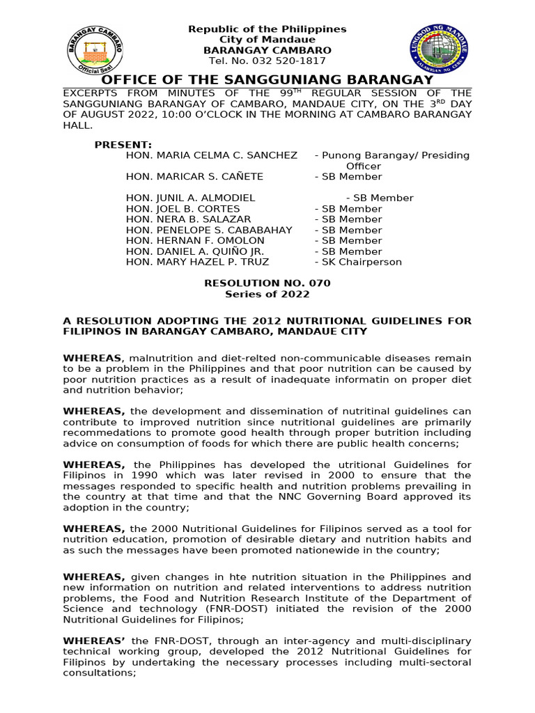 Resolution Adopting 2012 Nutrition Guidelines | PDF | Prevention ...