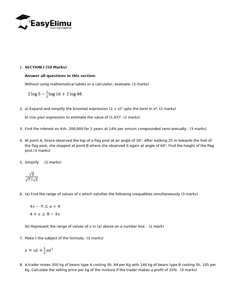 Form 4 Term 2 Math Exam 2025 Questions | PDF | Percentile | Elementary ...