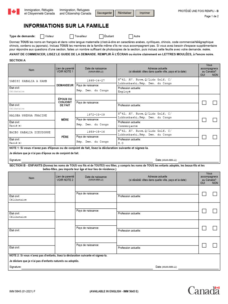 Formulaire d'informations familiales IMM 5645 | PDF