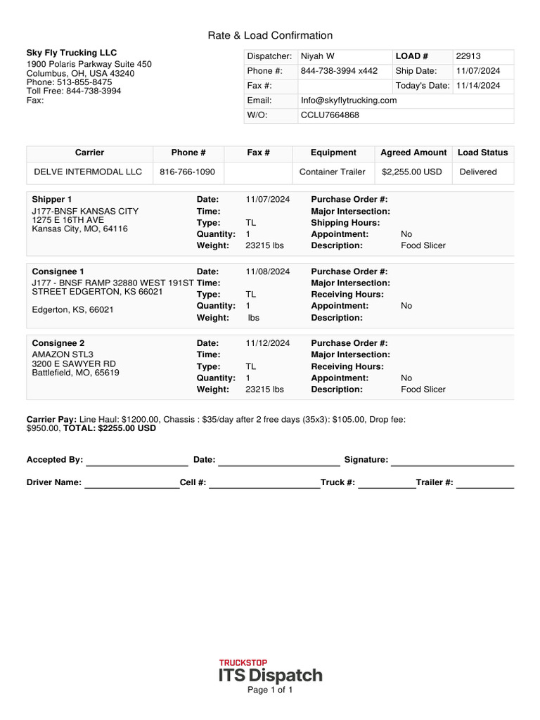 Sky Fly Trucking Load Confirmation | PDF | Land Vehicles | Vehicles