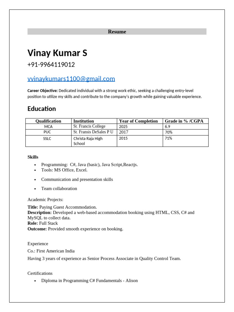Vinay Kumar S - Entry-Level Resume | PDF