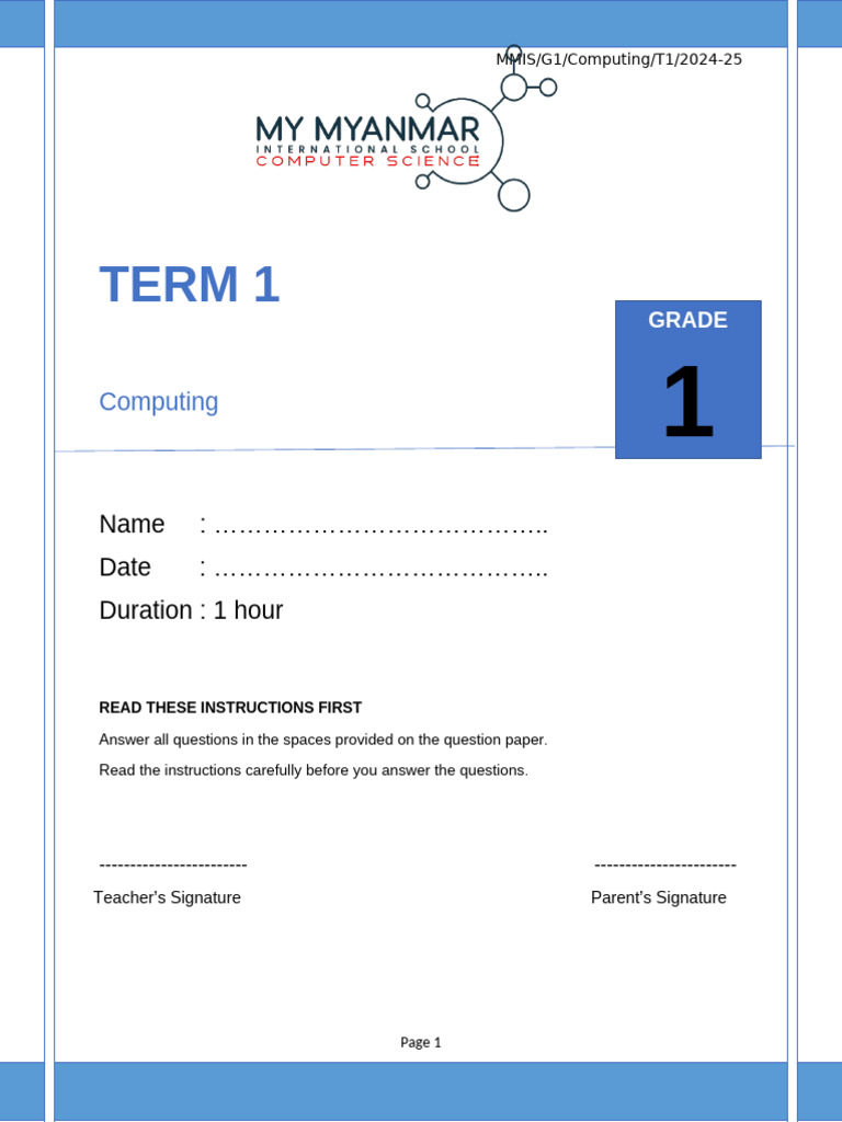 Grade 1 Computing Term 1 Assessment | PDF | Computing