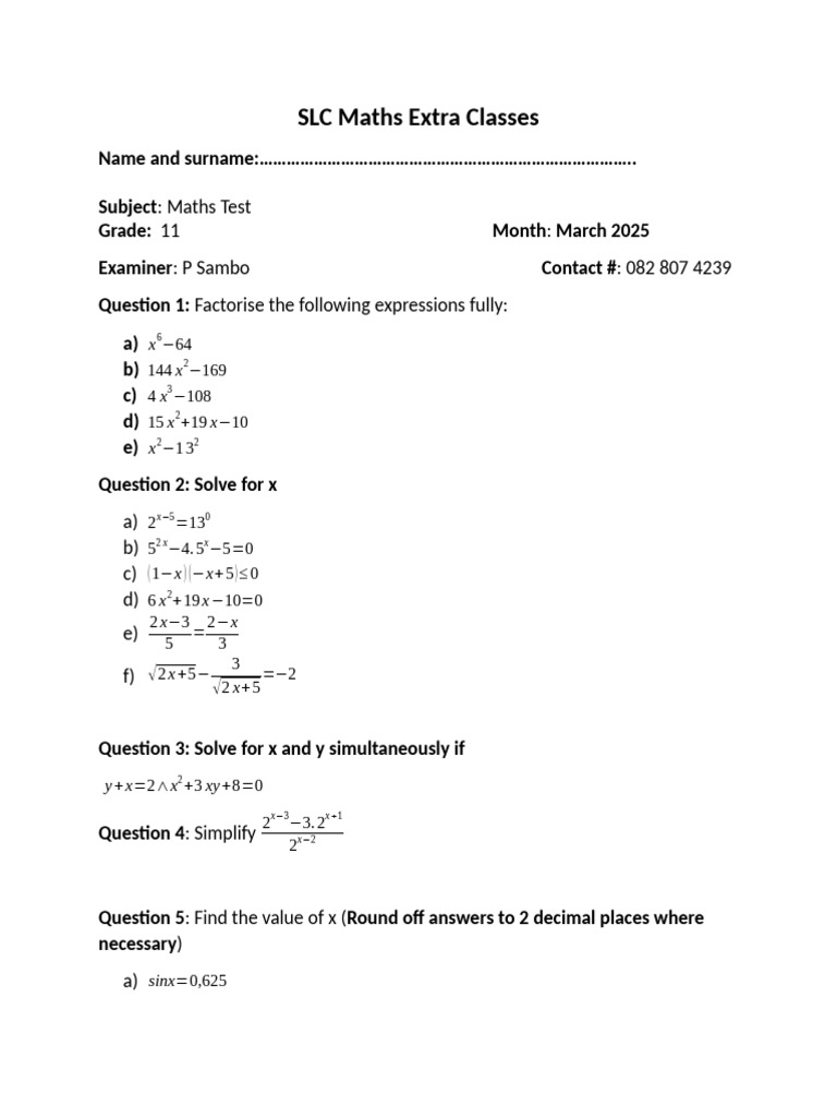 Grade 11 Maths Test Questions | PDF