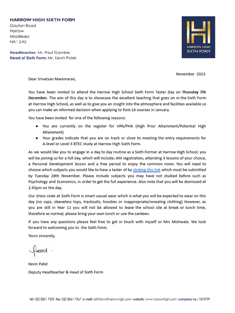 Harrow High Sixth Form Taster Day Invite | PDF
