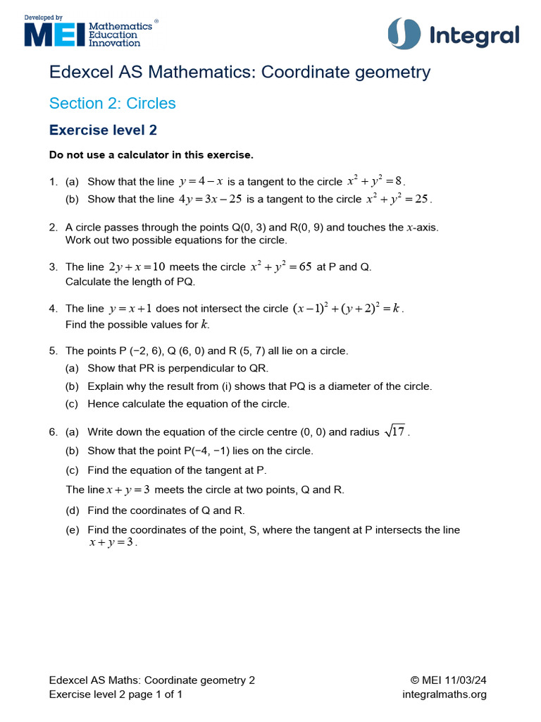 Edexcel AS Maths: Circle Geometry Exercises | PDF
