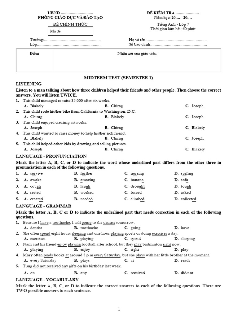 Midterm English Test for 7th Grade | PDF