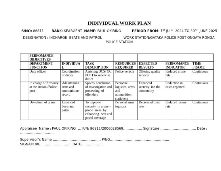 Individual Work Plan for Sgt. Paul Okiring | PDF