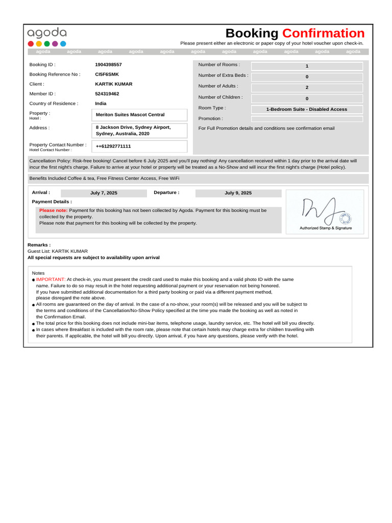 Meriton Suites Booking Confirmation | PDF