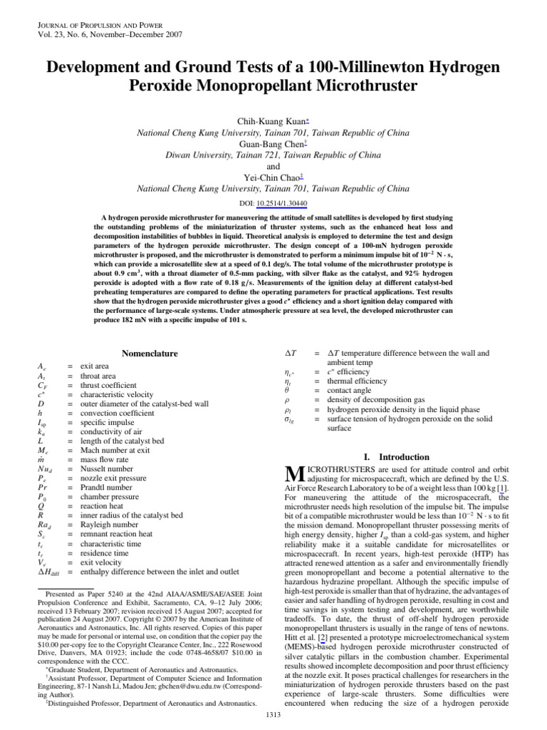 Hydrogen Peroxide Microthruster Development | PDF | Rocket Engine ...