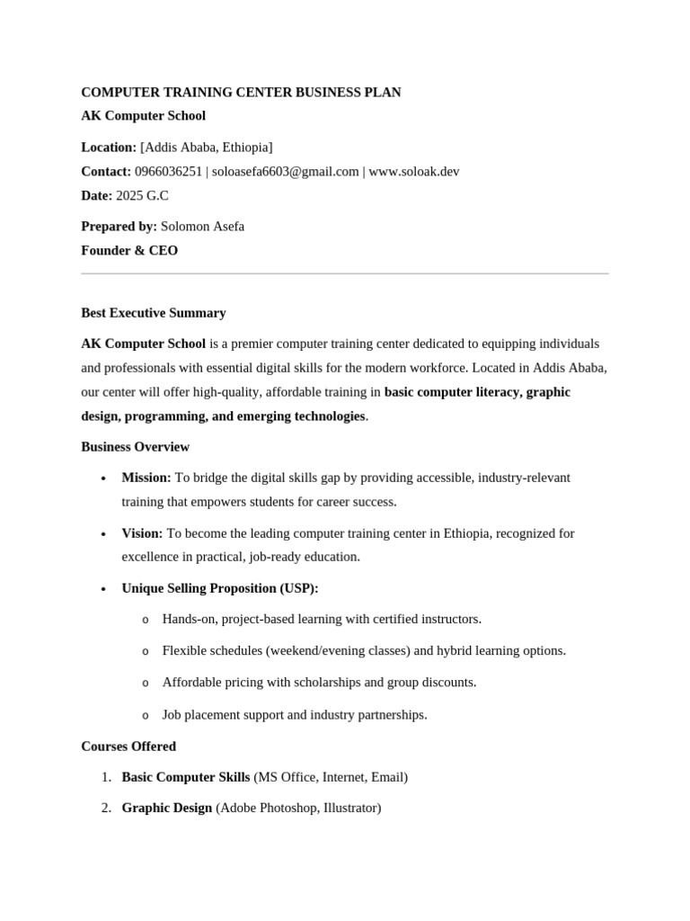 Computer Training Center Business Plan (Autorecovered) | PDF